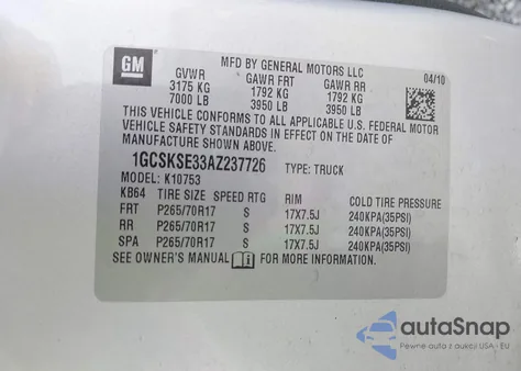 2010 Chevrolet Silverado 1500 Lt z USA, uszkodzony, nr VIN 1GCSKSE33AZ237726